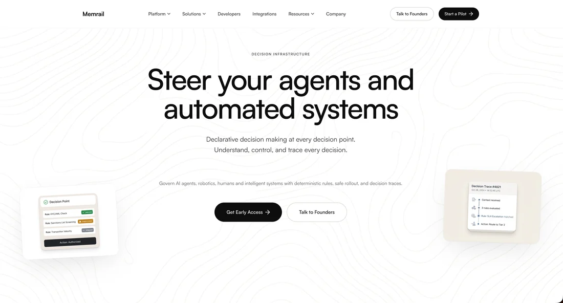 Memrail’s public website presenting decision infrastructure for steering agents and automated systems.