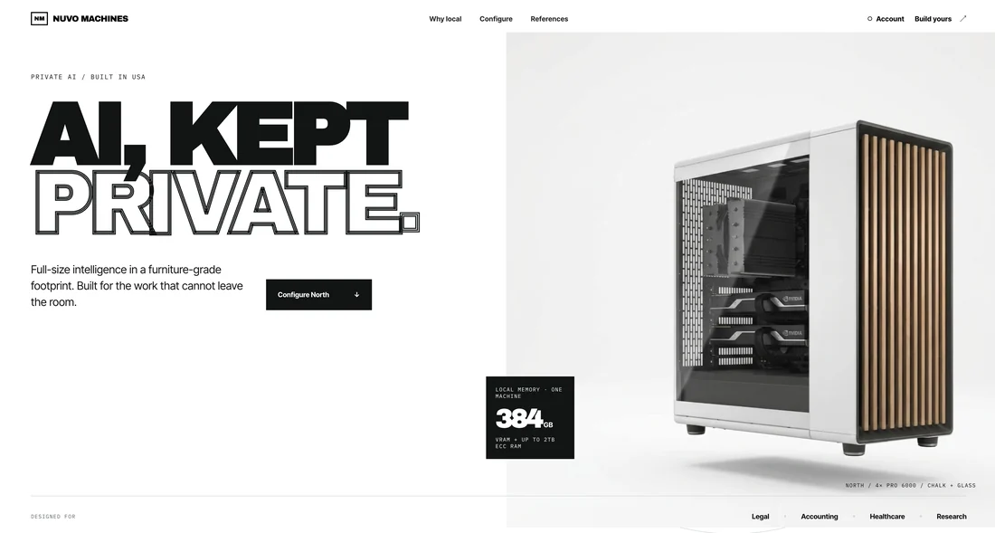 Nuvo Machines’ storefront, with bold typography and a custom AI workstation with a timber-fronted enclosure.